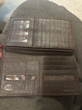 Brown Leather Trifold Wallet with Patterned Inserts